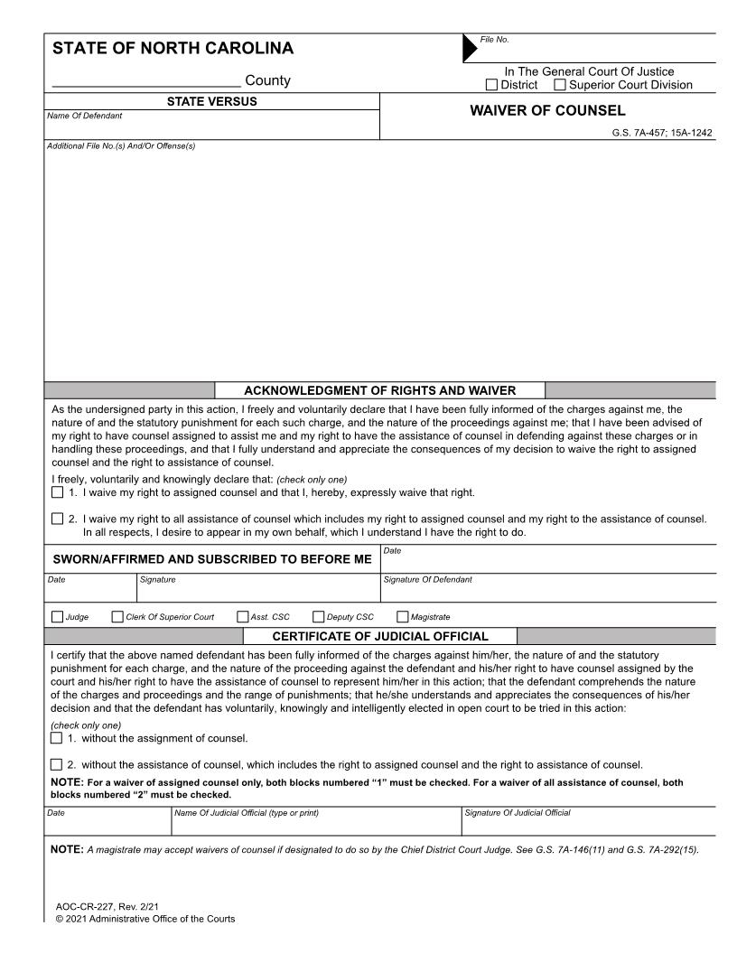 Waiver Of Counsel {CR-227} | Pdf Fpdf Doc Docx | North Carolina