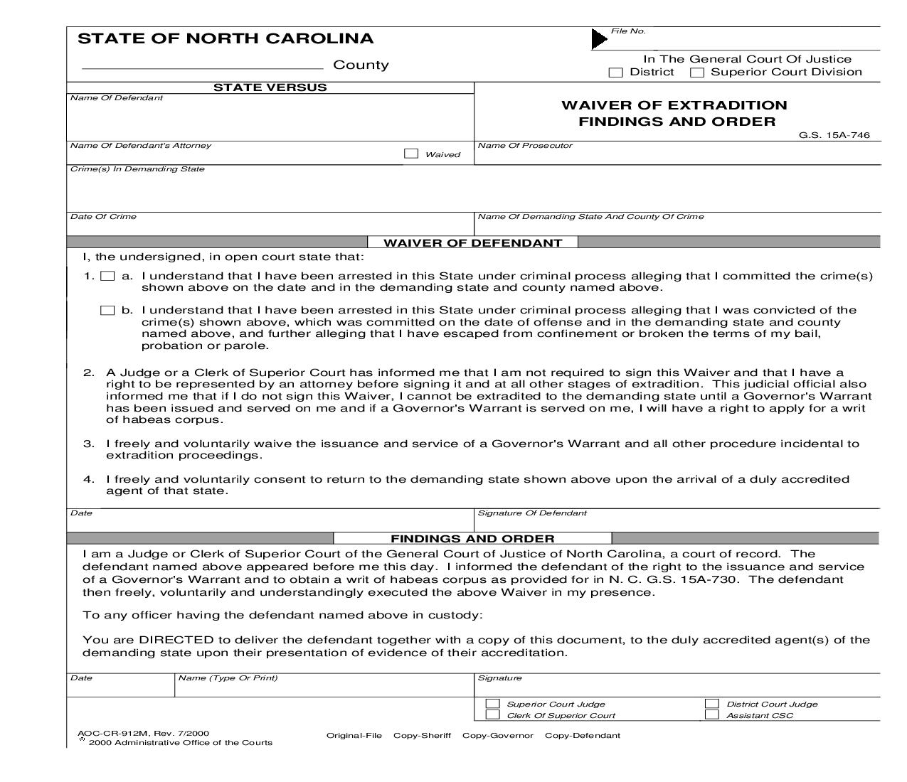 Waiver Of Extradition Findings And Order {CR-912M} | Pdf Fpdf Doc Docx | North Carolina