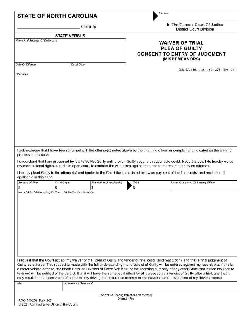 Waiver Of Trial Plea Of Guilty Consent To Entry Of Judgment (Misdemeanors) {CR-202} | Pdf Fpdf Docx | North Carolina