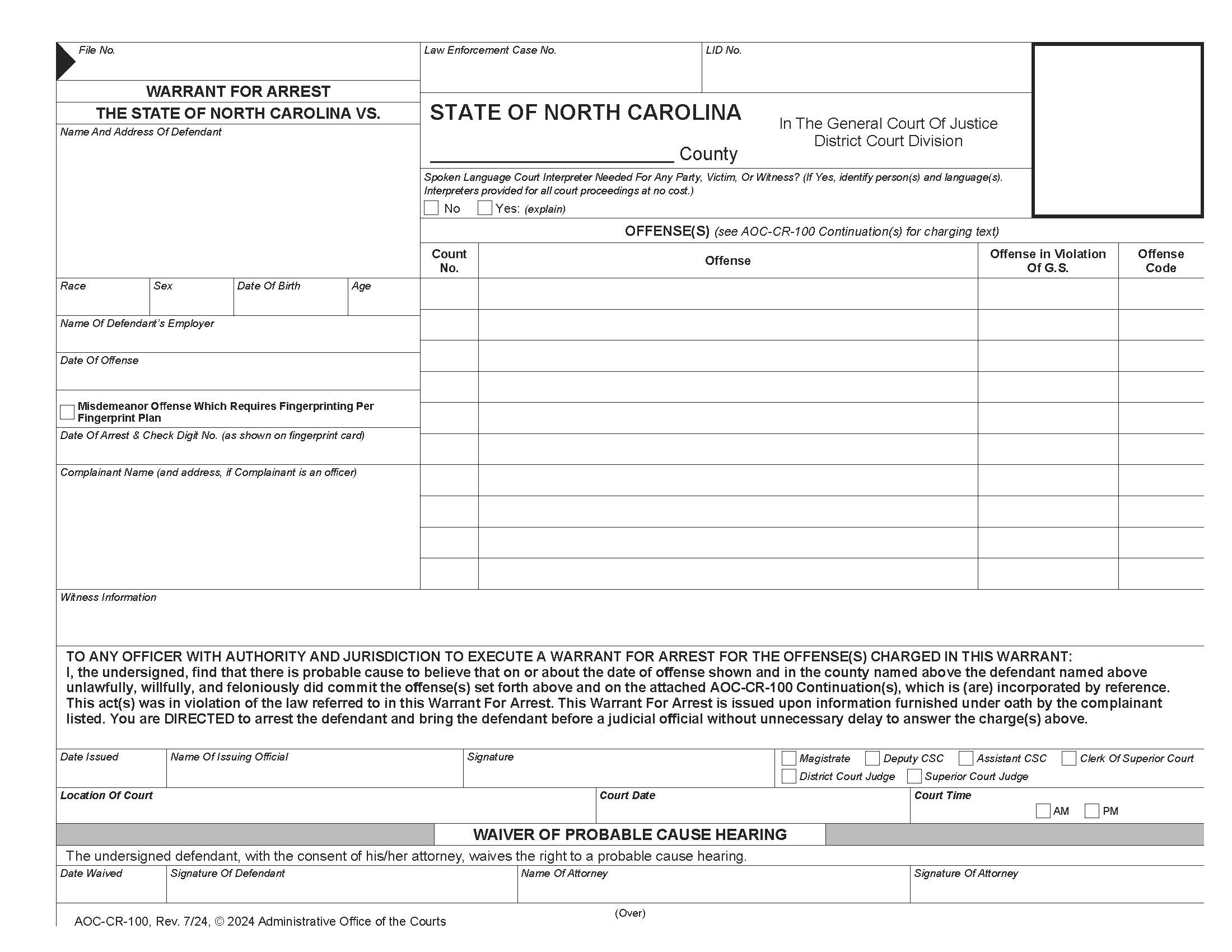 Warrant For Arrest {CR-100} | Pdf Fpdf Docx | North Carolina