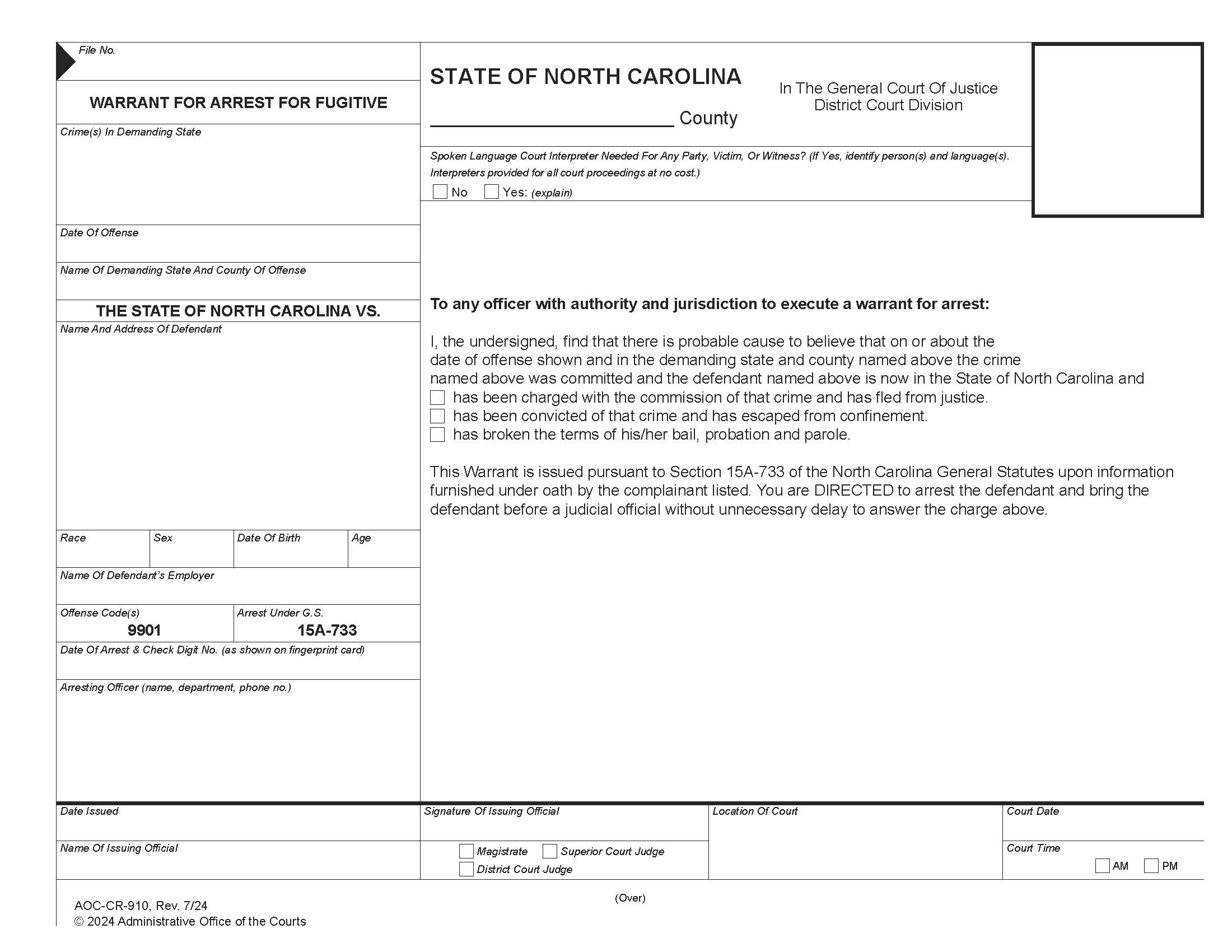 Warrant For Arrest For Fugitive {CR-910M} | Pdf Fpdf Doc Docx | North Carolina