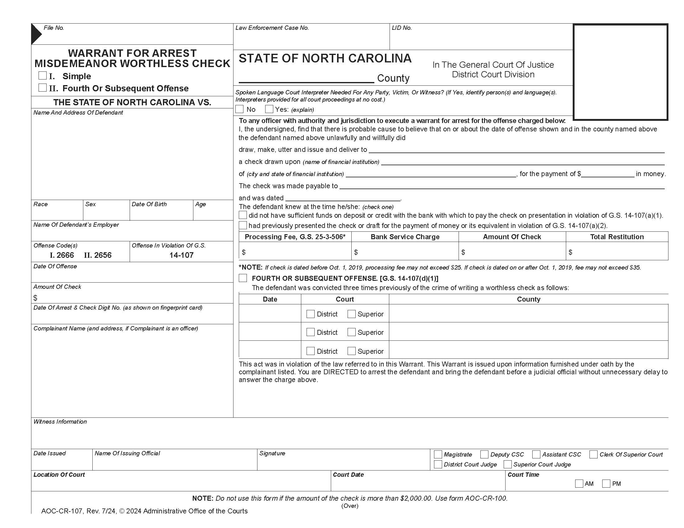 Warrant For Arrest Misdemeanor Worthless Check {CR-107} | Pdf Fpdf Docx | North Carolina