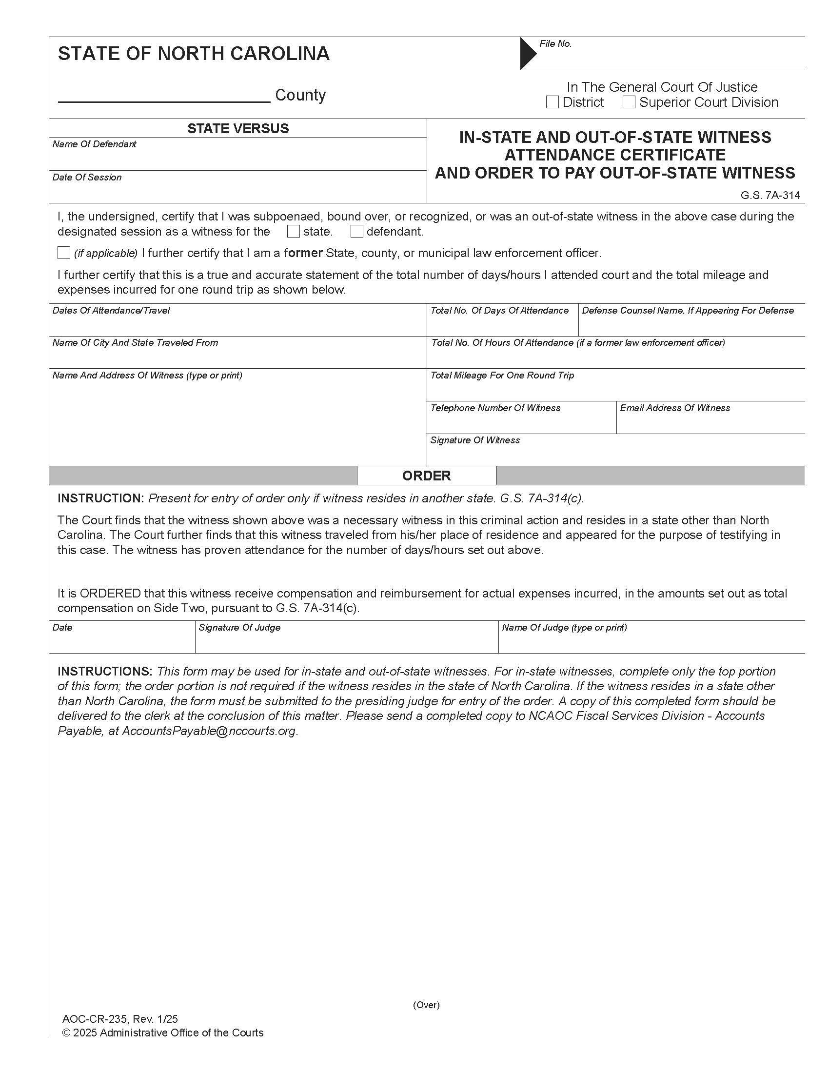 Witness Attendance Certificate {CR-235} | Pdf Fpdf Doc Docx | North Carolina