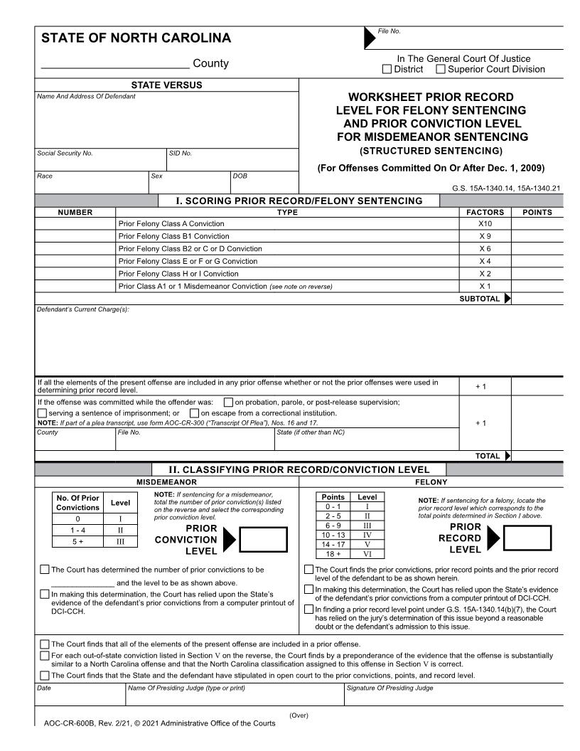 Worksheet Prior Record Level (After 12-1-09) {CR-600B} | Pdf Fpdf Docx | North Carolina