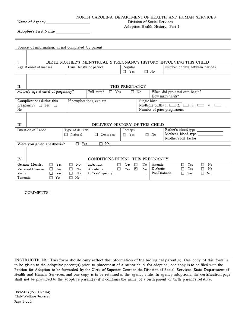 Adoption Health History {DSS-5103} | Pdf Fpdf Docx | North Carolina