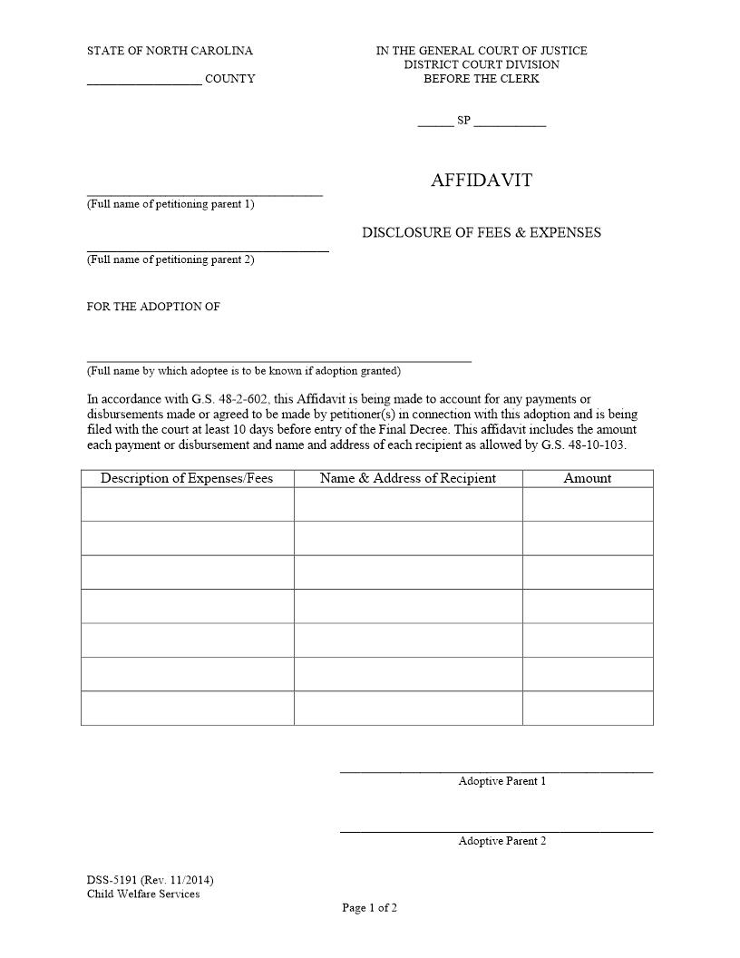 Affidavit Disclosure Of Fees And Expenses {DSS-5191} | Pdf Fpdf Docx | North Carolina