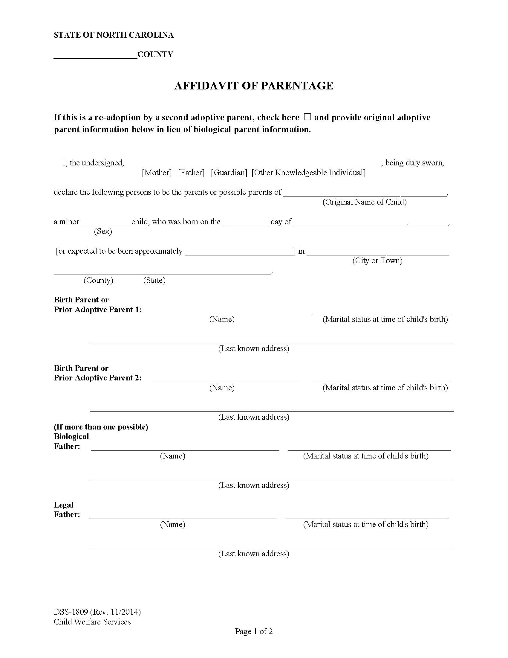 Affidavit Of Parentage {DSS-1809} | Pdf Fpdf Docx | North Carolina