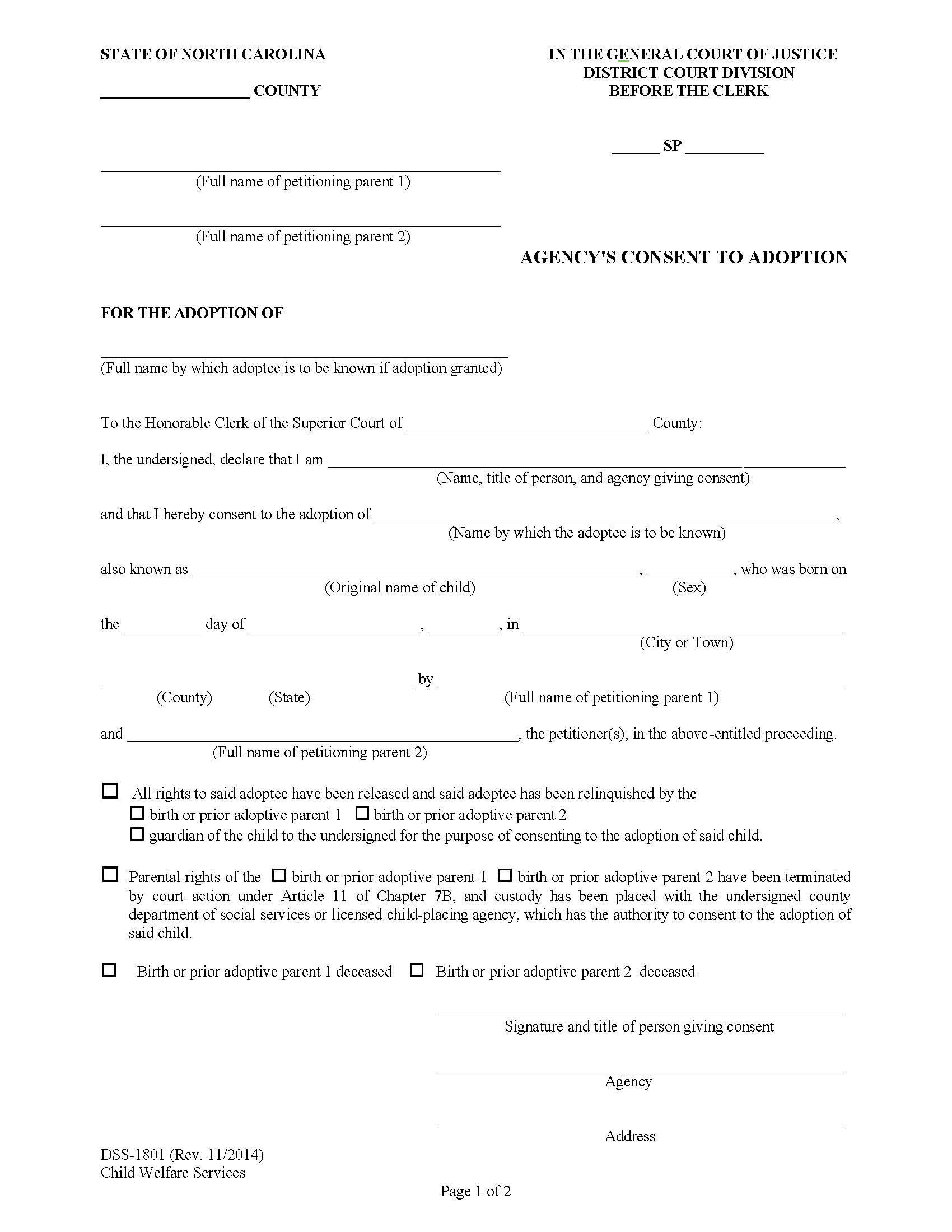 Agencys Consent To Adoption {DSS-1801} | Pdf Fpdf Docx | North Carolina