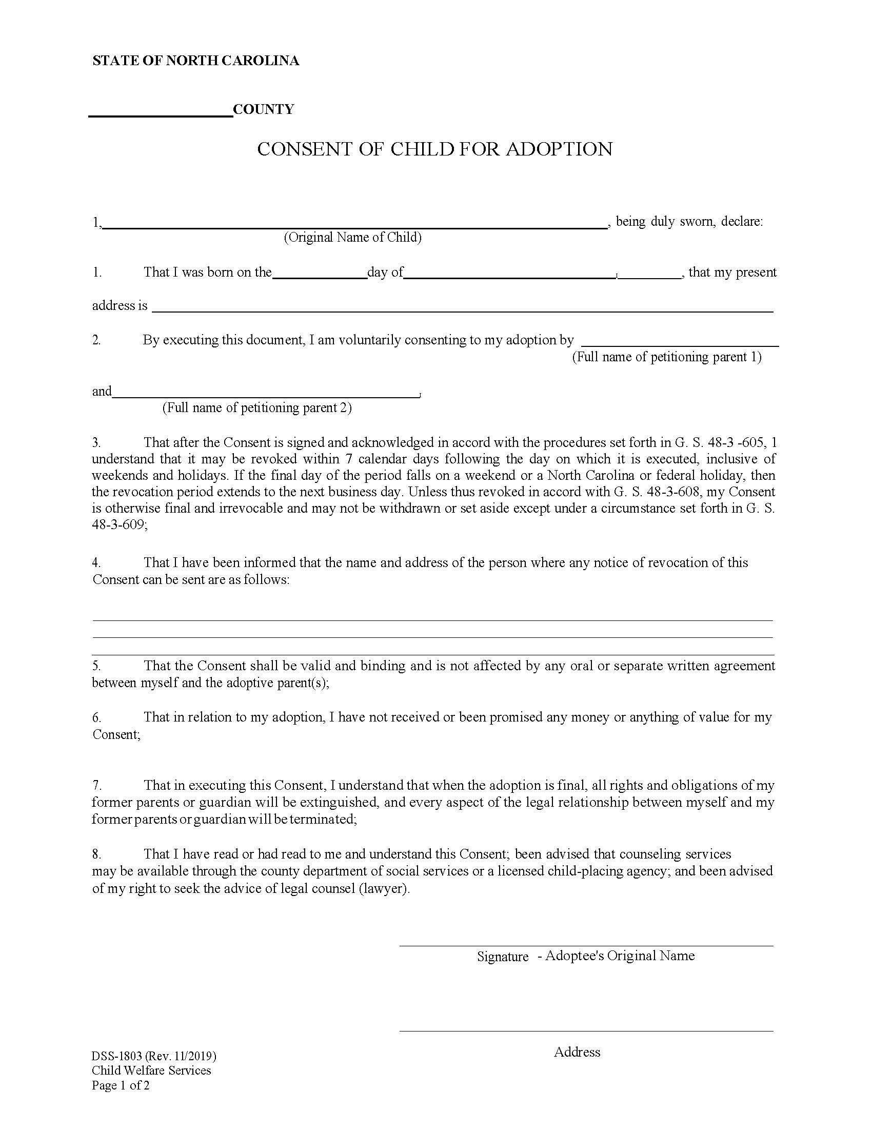 Consent Of Child For Adoption {DSS-1803} | Pdf Fpdf Docx | North Carolina