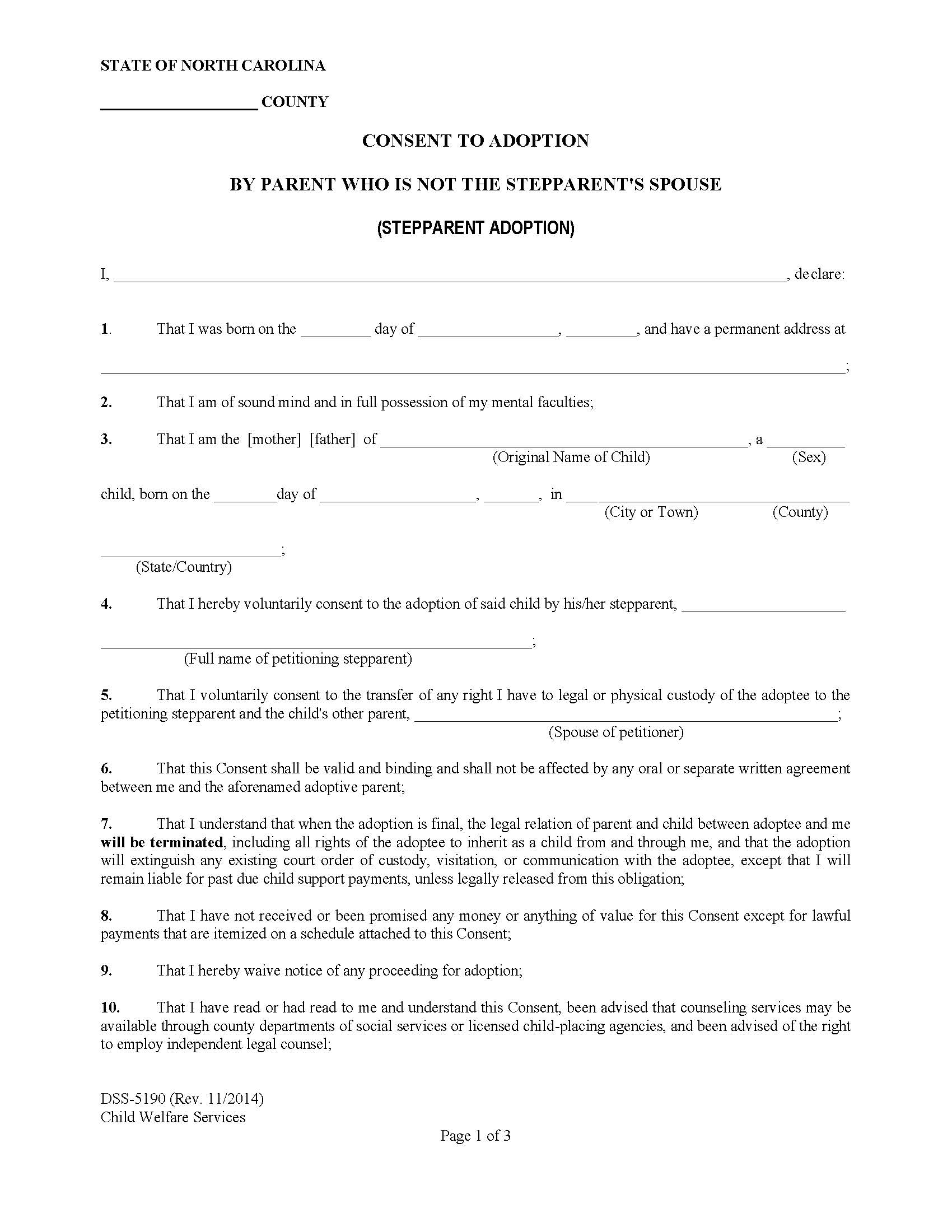 Consent To Adoption By Parent Who Is Not The Stepparents Spouse {DSS-5190} | Pdf Fpdf Docx | North Carolina