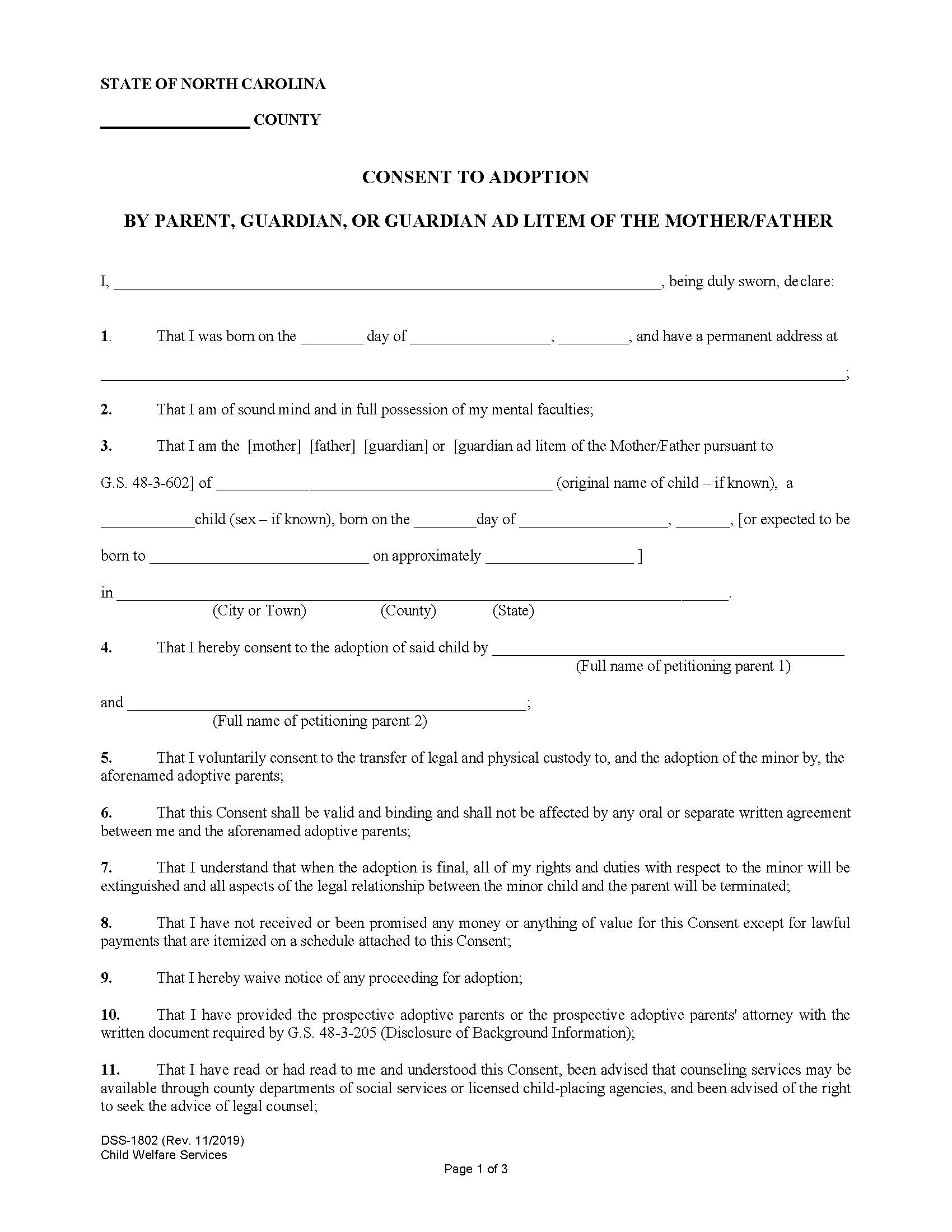Consent To Adoption By Parent, Guardian Or Guardian Ad Litem Of The Mother Father {DSS-1802} | Pdf Fpdf Docx | North Carolina