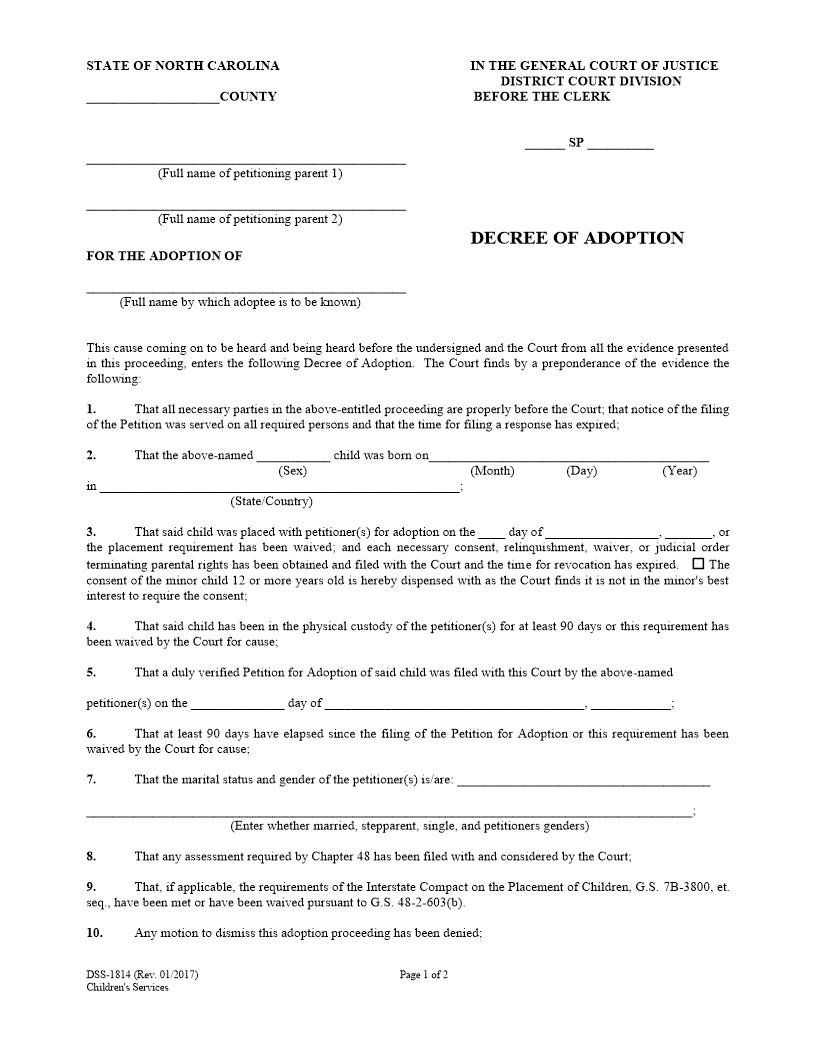 Decree Of Adoption {DSS-1814} | Pdf Fpdf Docx | North Carolina