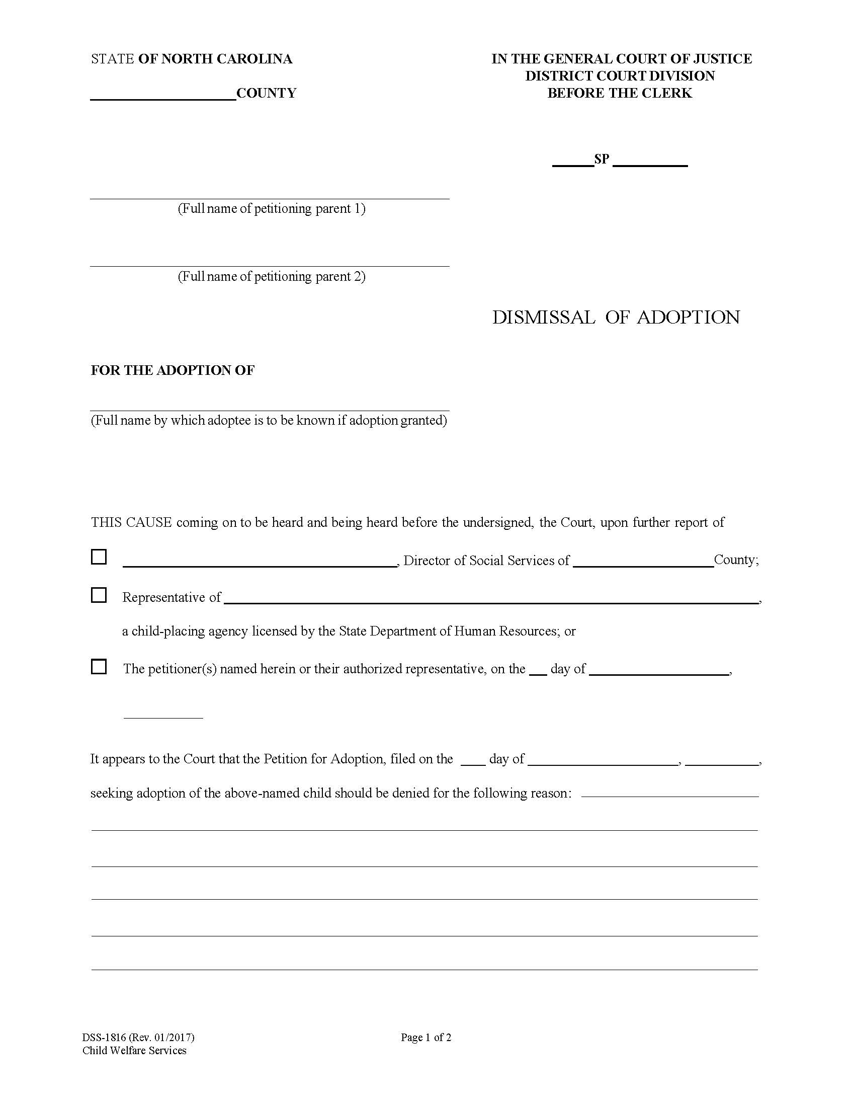 Dismissal Of Adoption {DSS-1816} | Pdf Fpdf Docx | North Carolina