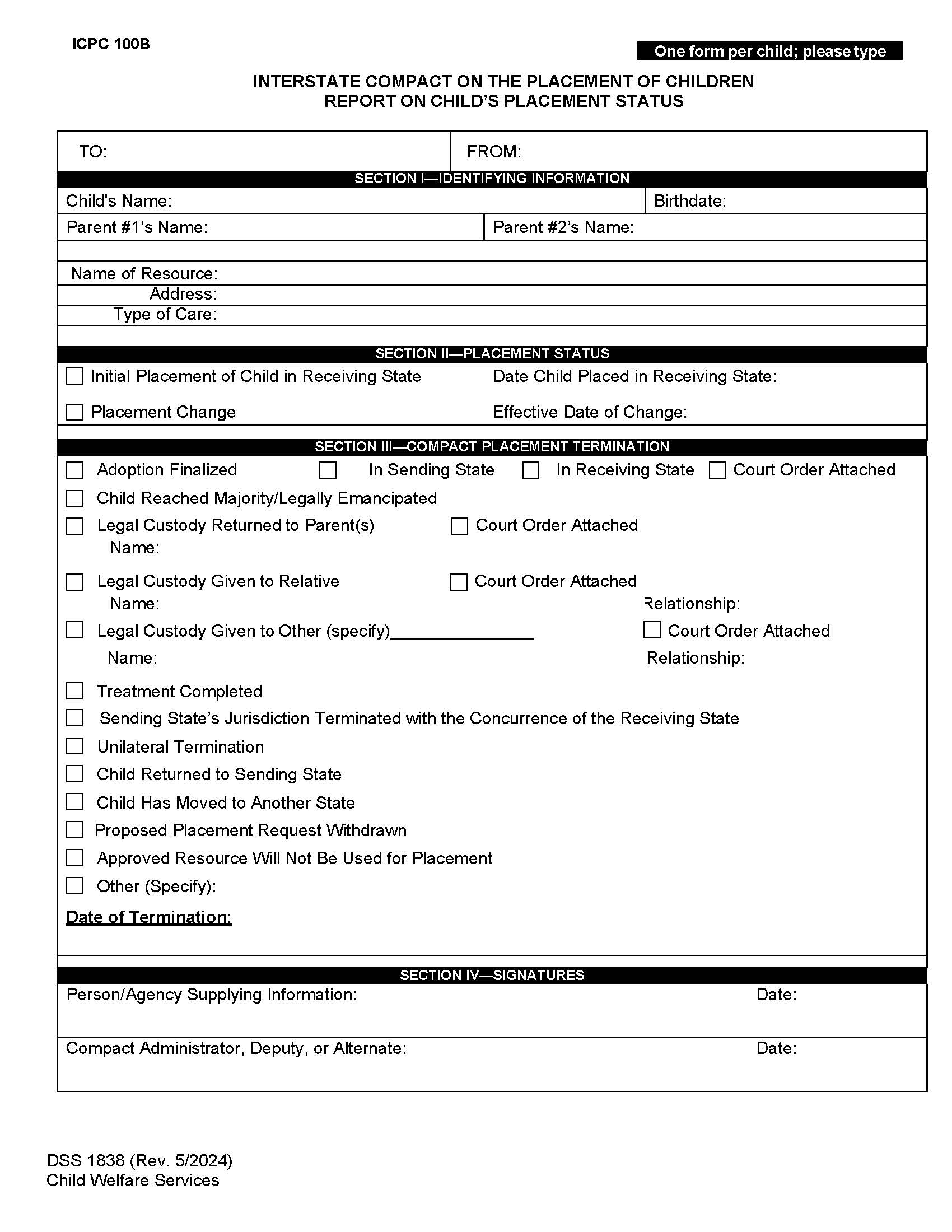 Interstate Compact Report On Childs Placement Status (ICPC 100B) {DSS-1838} | Pdf Fpdf Docx | North Carolina