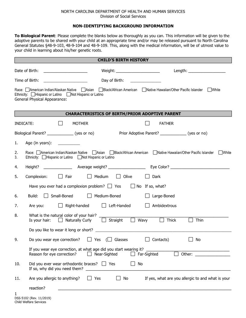 Non-Identifying Background Information {DSS-5102} | Pdf Fpdf Docx | North Carolina