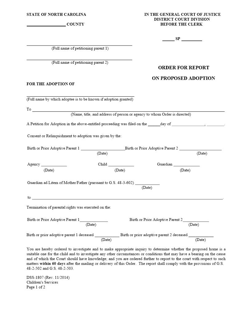 Order For Report On Proposed Adoption {DSS-1807} | Pdf Fpdf Docx | North Carolina