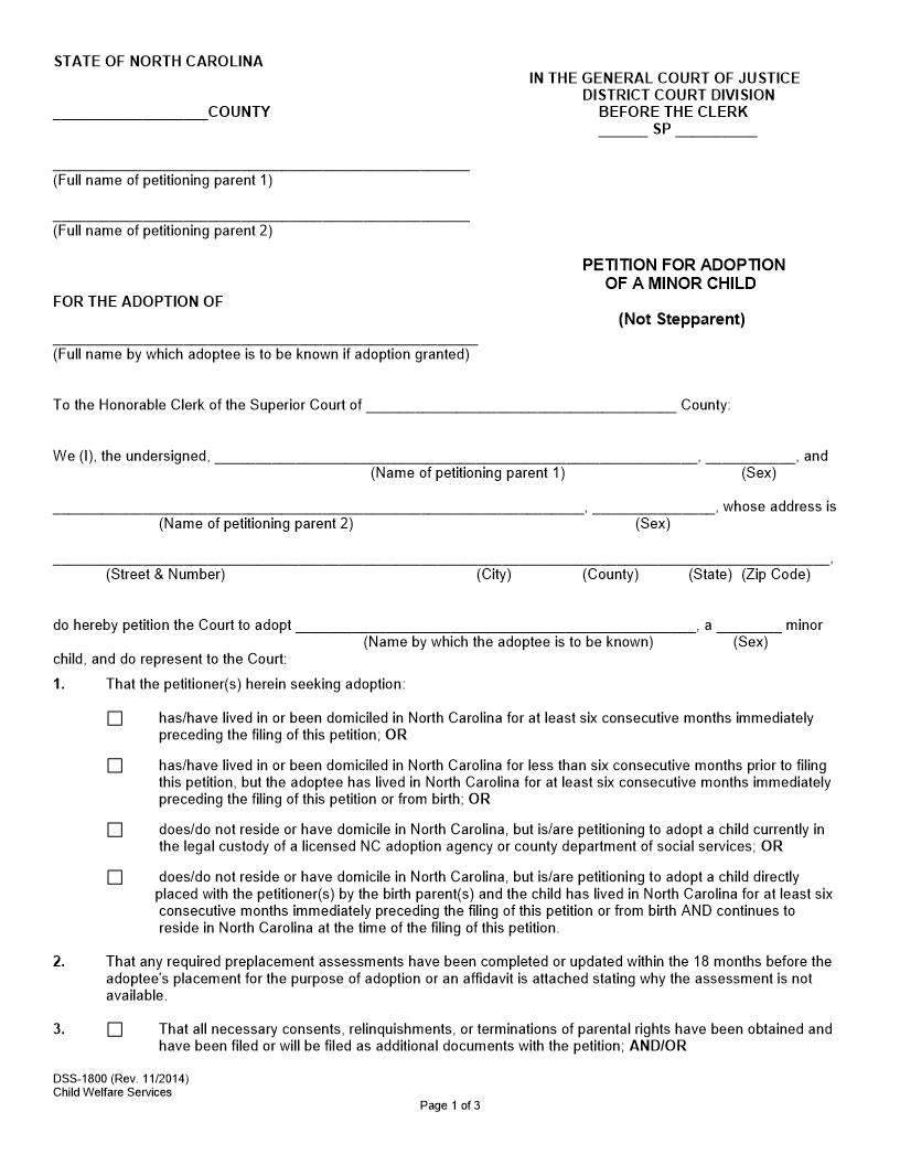 Petition For Adoption Of A  Minor Child (Not Stepparent) {DSS-1800} | Pdf Fpdf Docx | North Carolina