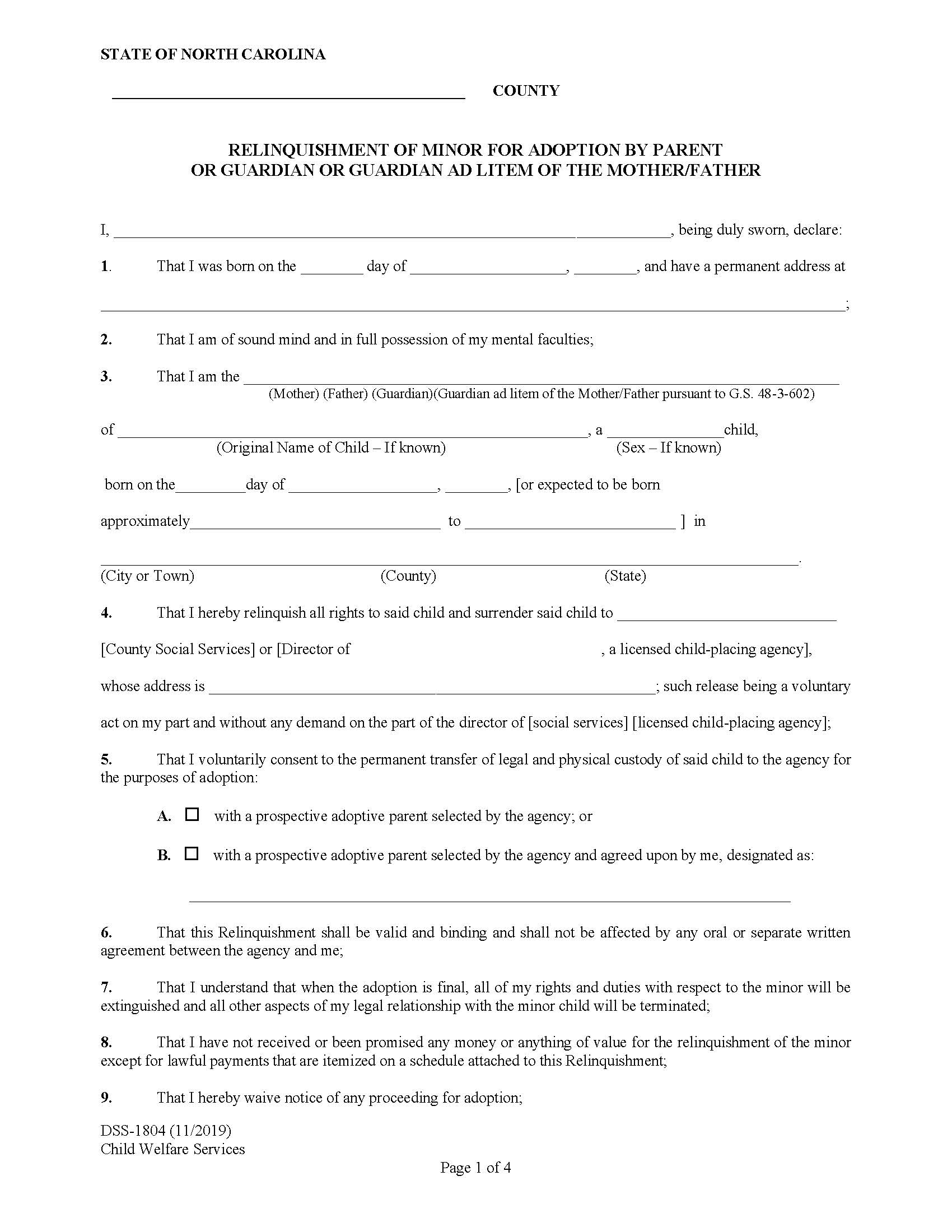 Relinqueshment Of Minor For Adoption By Parent Or Guardian Or Guardian Ad Litem Of The Mother Father {DSS-1804} | Pdf Fpdf Docx | North Carolina