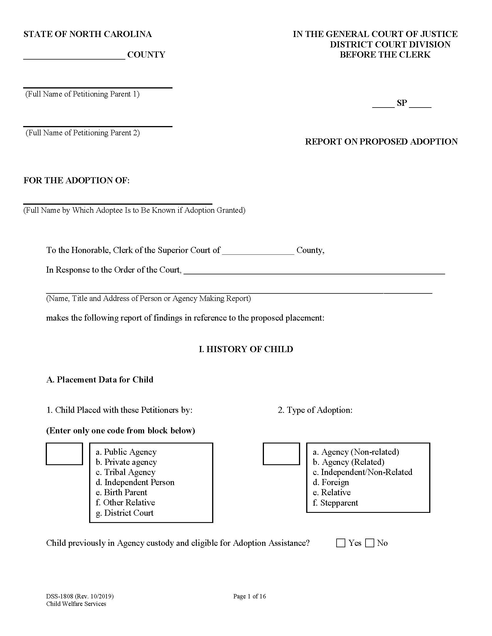 Report On Proposed Adoption {DSS-1808} | Pdf Fpdf Docx | North Carolina