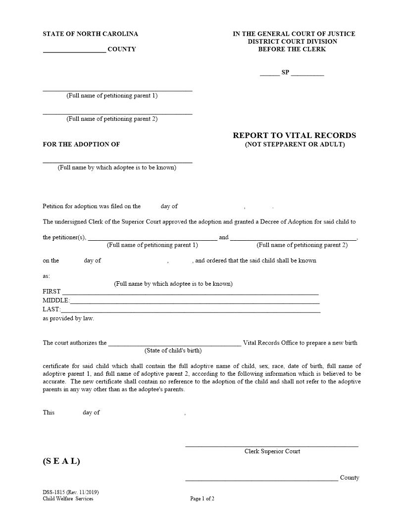Report To Vital Records (Not Stepparent Or Adult) {DSS-1815} | Pdf Fpdf Docx | North Carolina