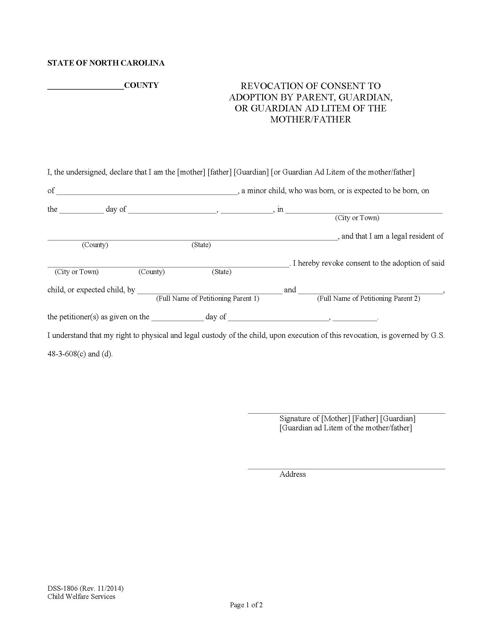 Revocation Of Consent To Adoption By Parent Guardian Or Guardian Ad Litem Of The Mother Father {DSS-1806} | Pdf Fpdf Docx | North Carolina