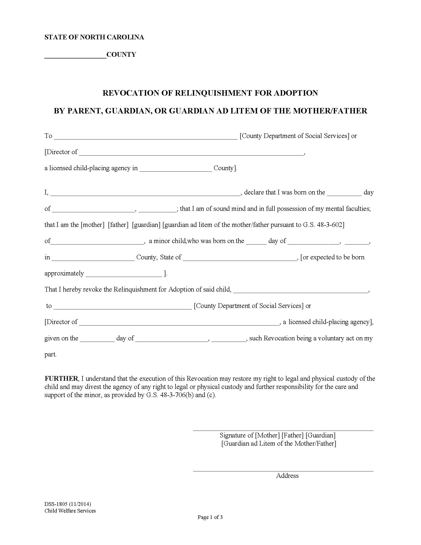 Revocation Of Relinquishment For Adoption By Parent Guardian Or Guardian Ad Litem Of The Mother Father {DSS-1805} | Pdf Fpdf Docx | North Carolina