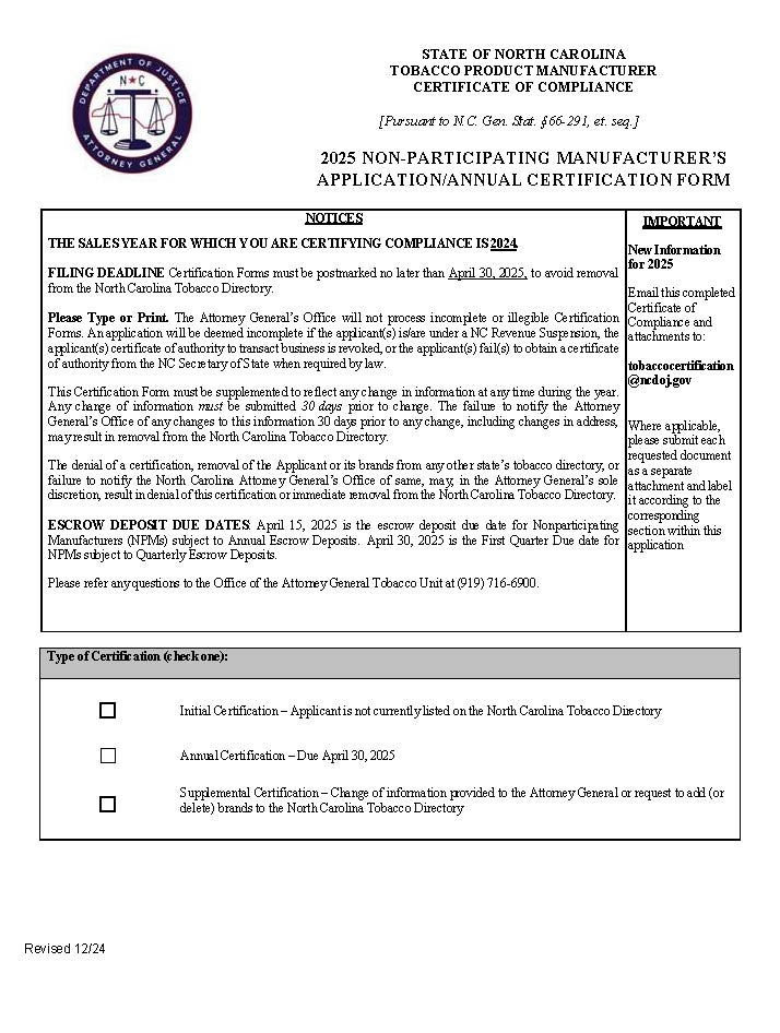 Non Participating Manufacturers Application Annual Certification | Pdf Fpdf Docx | North Carolina