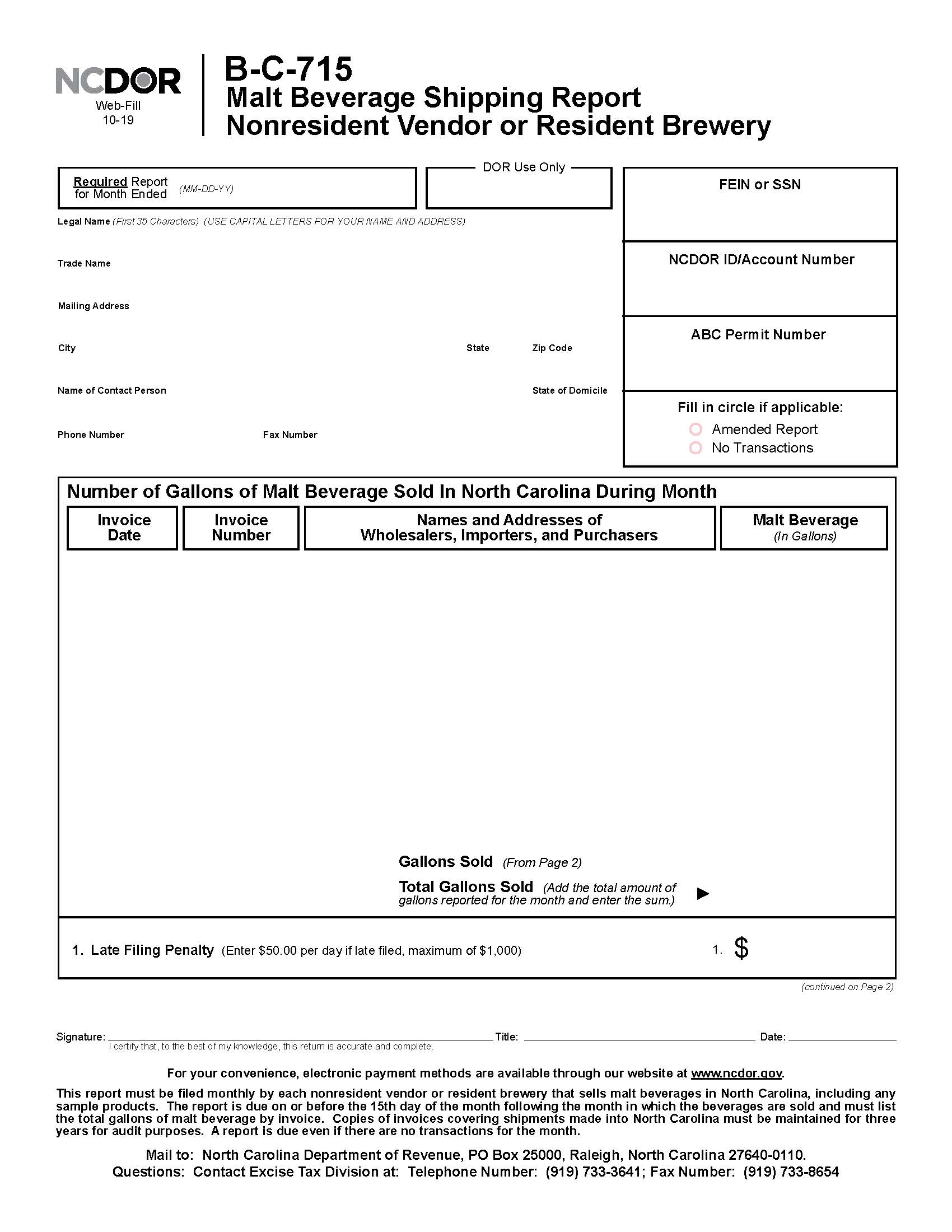 Beer Shipping Report Nonresident Vendor Or Resident Brewery {B-C-715} | Pdf Fpdf Doc Docx | North Carolina