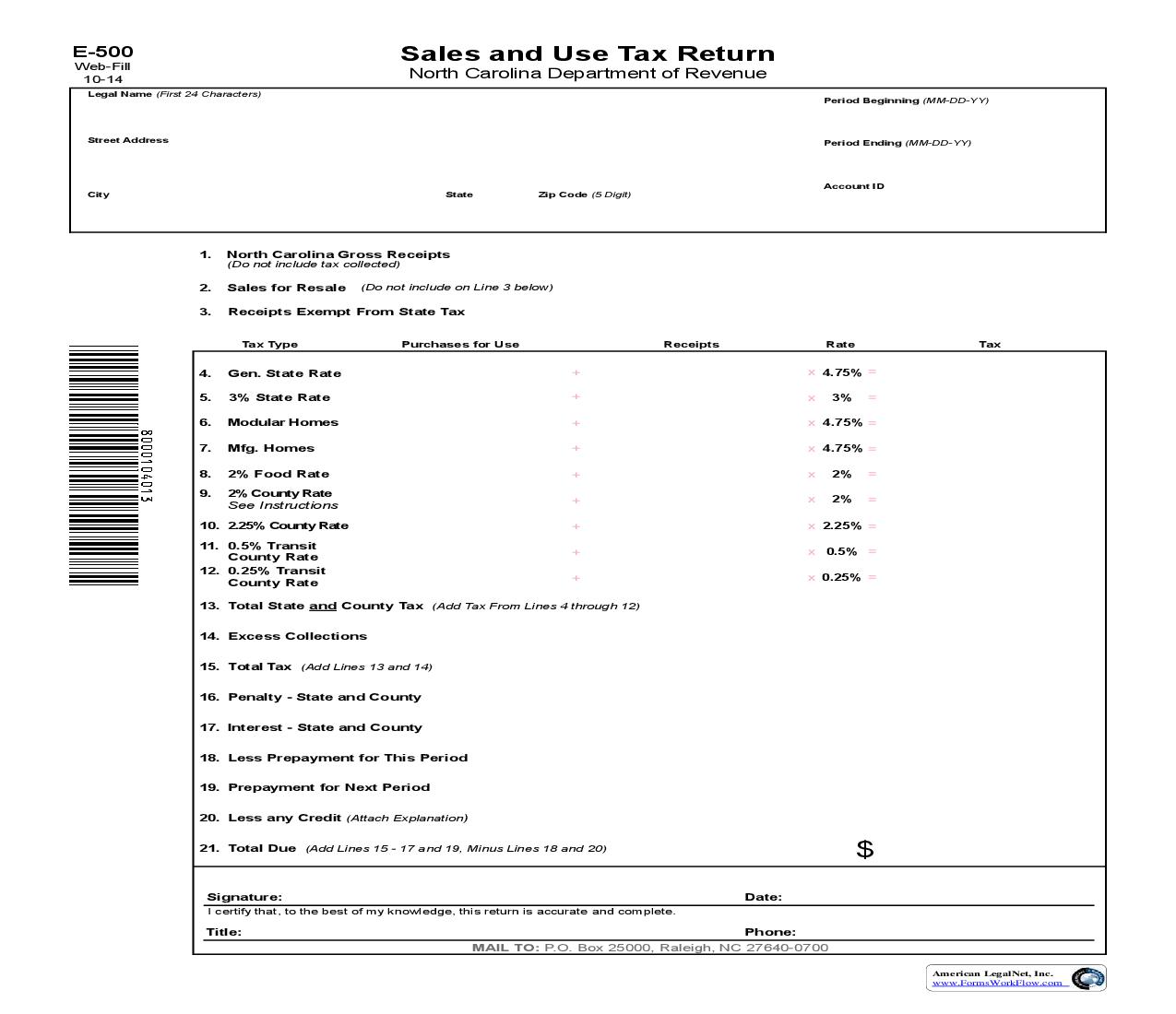 Sales And Use Tax Return {E-500} | Pdf Fpdf Doc Docx | North Carolina