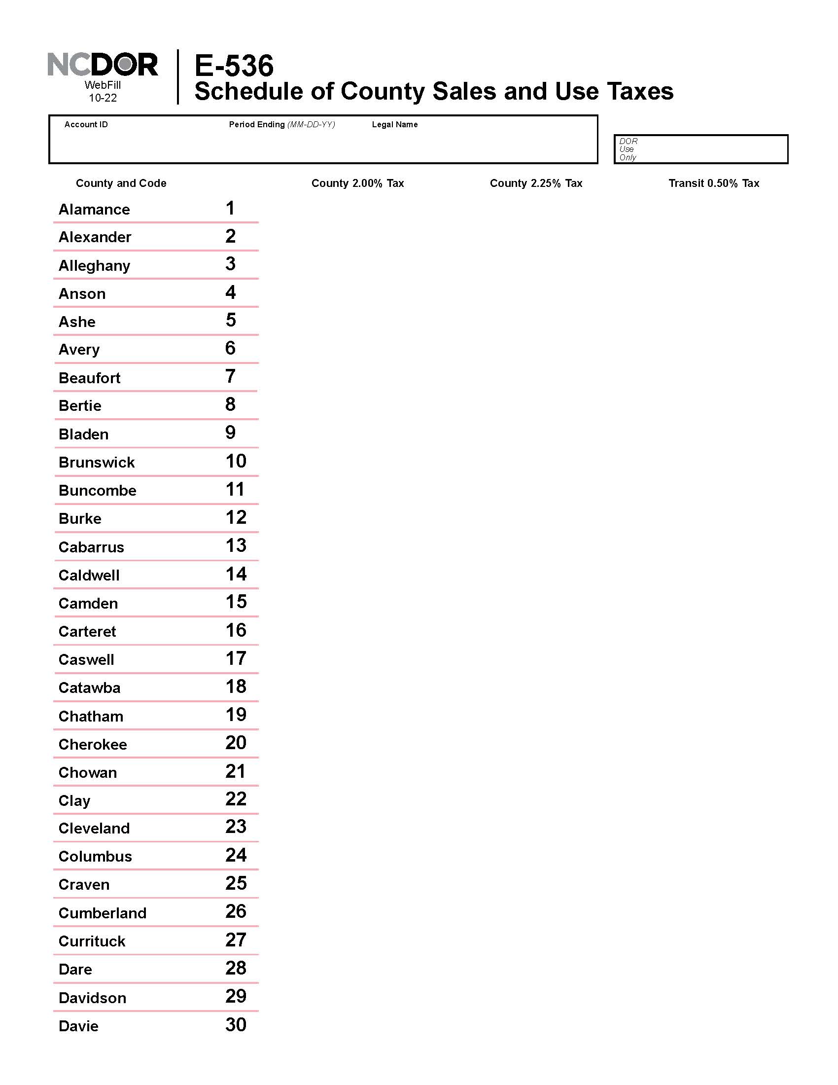 Schedule Of County Sales And Use Taxes {E-536} | Pdf Fpdf Docx | North Carolina