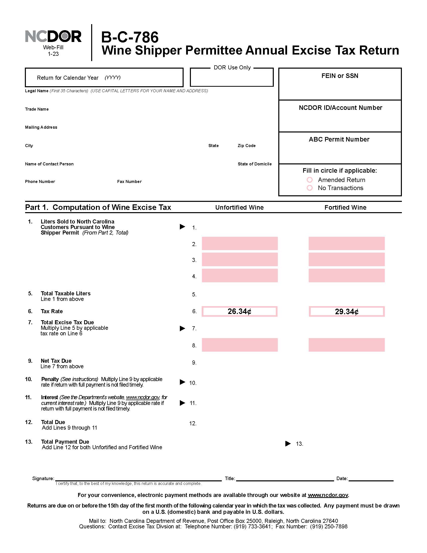 Wineries And Wine Shipper Permittees Excise Tax Return {B-C-786} | Pdf Fpdf Docx | North Carolina