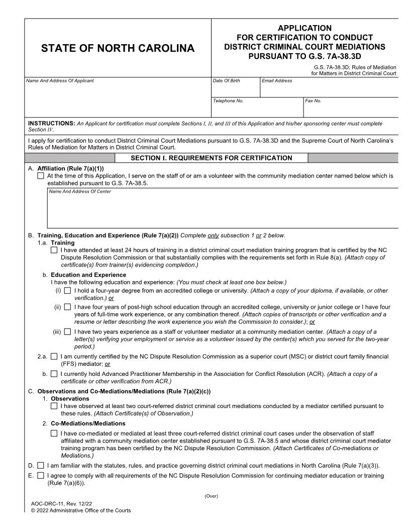 Application For Certification To Conduct District Criminal Court Mediations {DRC-11} | Pdf Fpdf Docx | North Carolina