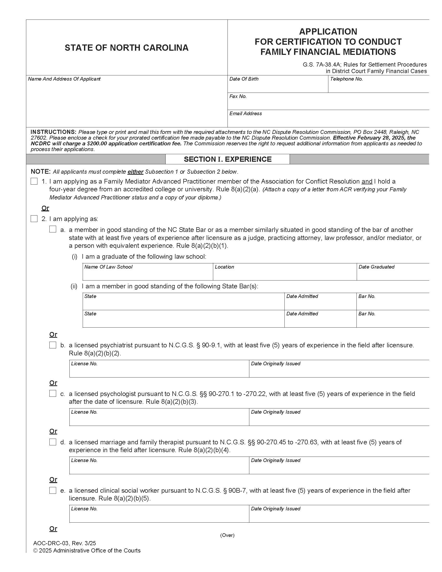Application For Certification To Conduct Family Financial Mediations {DRC-3} | Pdf Fpdf Docx | North Carolina