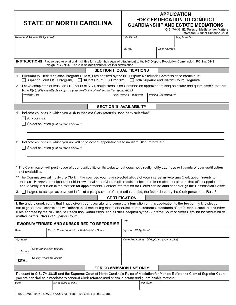 Application For Certification To Conduct Guardianship And Estate Mediations {DRC-10} | Pdf Fpdf Docx | North Carolina