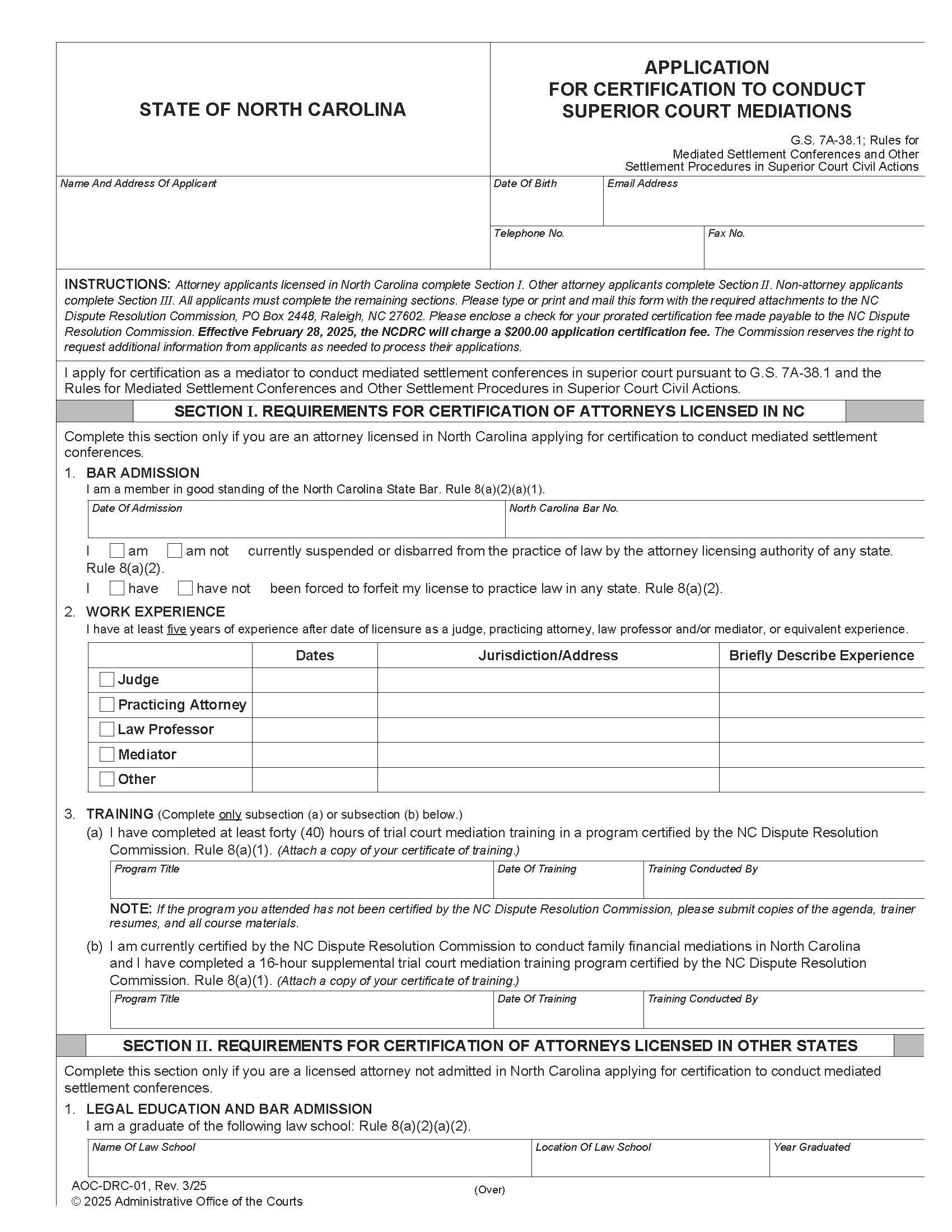Application For Certification To Conduct Superior Court Mediations {DRC-1} | Pdf Fpdf Docx | North Carolina