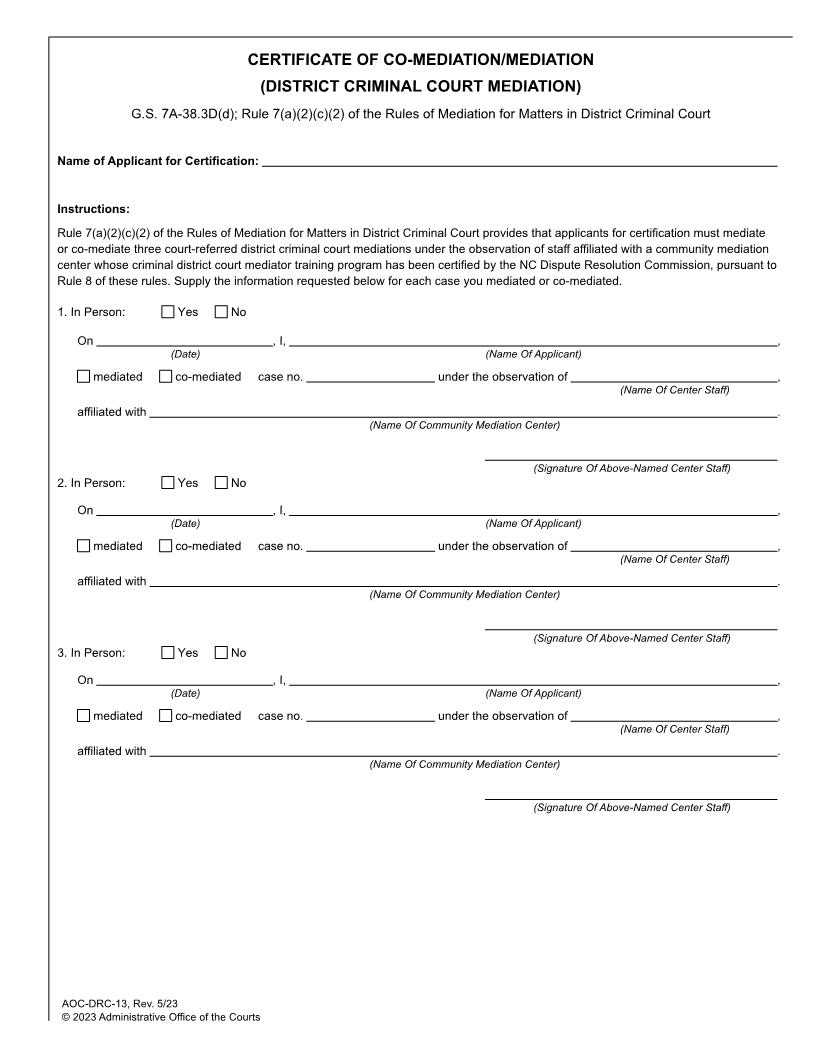 Certificate Of Co Mediation (District Criminal Court Mediation) {DRC-13} | Pdf Fpdf Docx | North Carolina