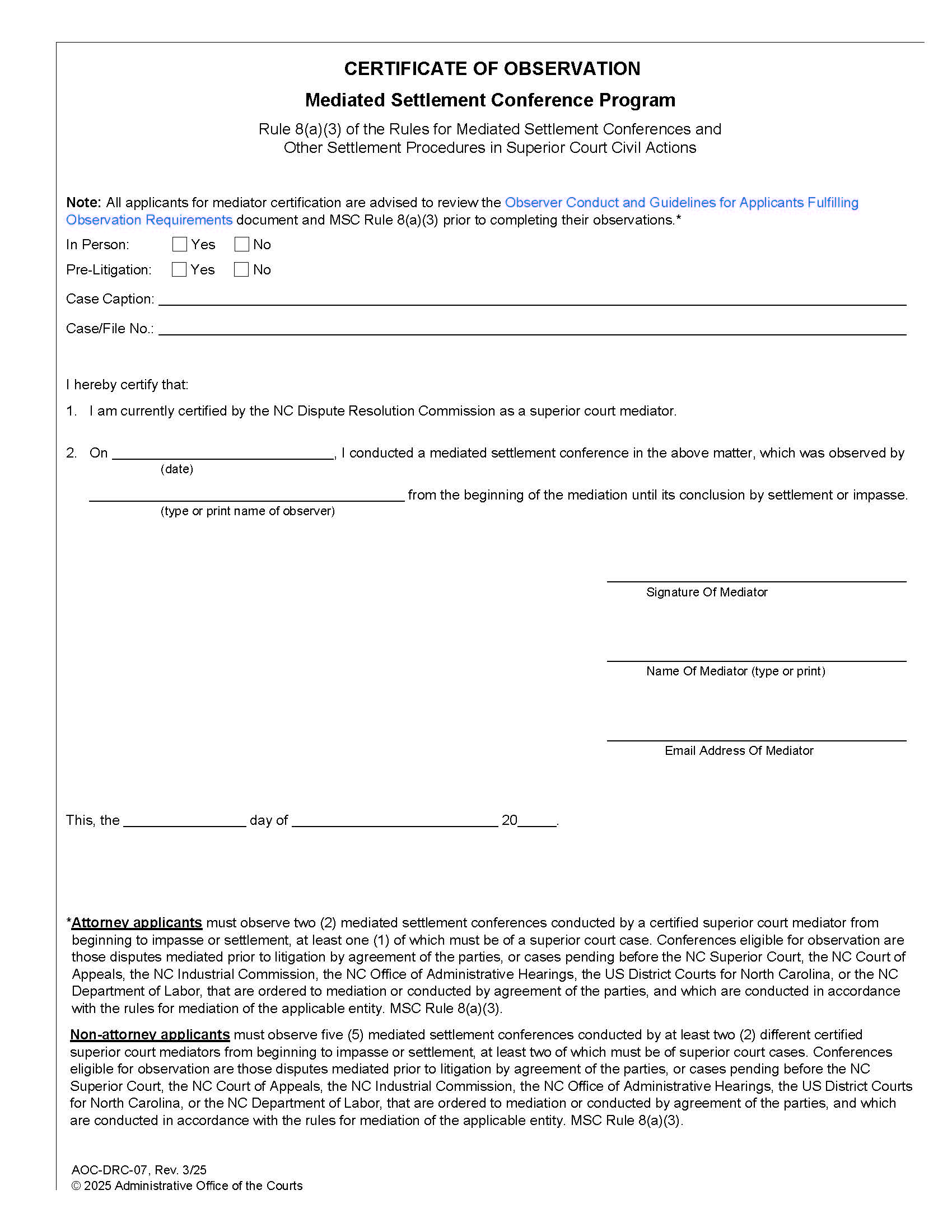 Certificate Of Observation {DRC-7} | Pdf Fpdf Doc Docx | North Carolina