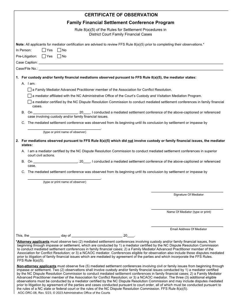 Certificate Of Observation {DRC-8} | Pdf Fpdf Doc Docx | North Carolina