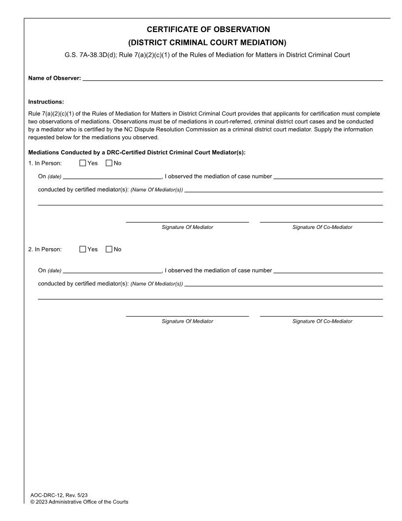 Certificate Of Observation (District Criminal Court Mediation) {DRC-12} | Pdf Fpdf Docx | North Carolina