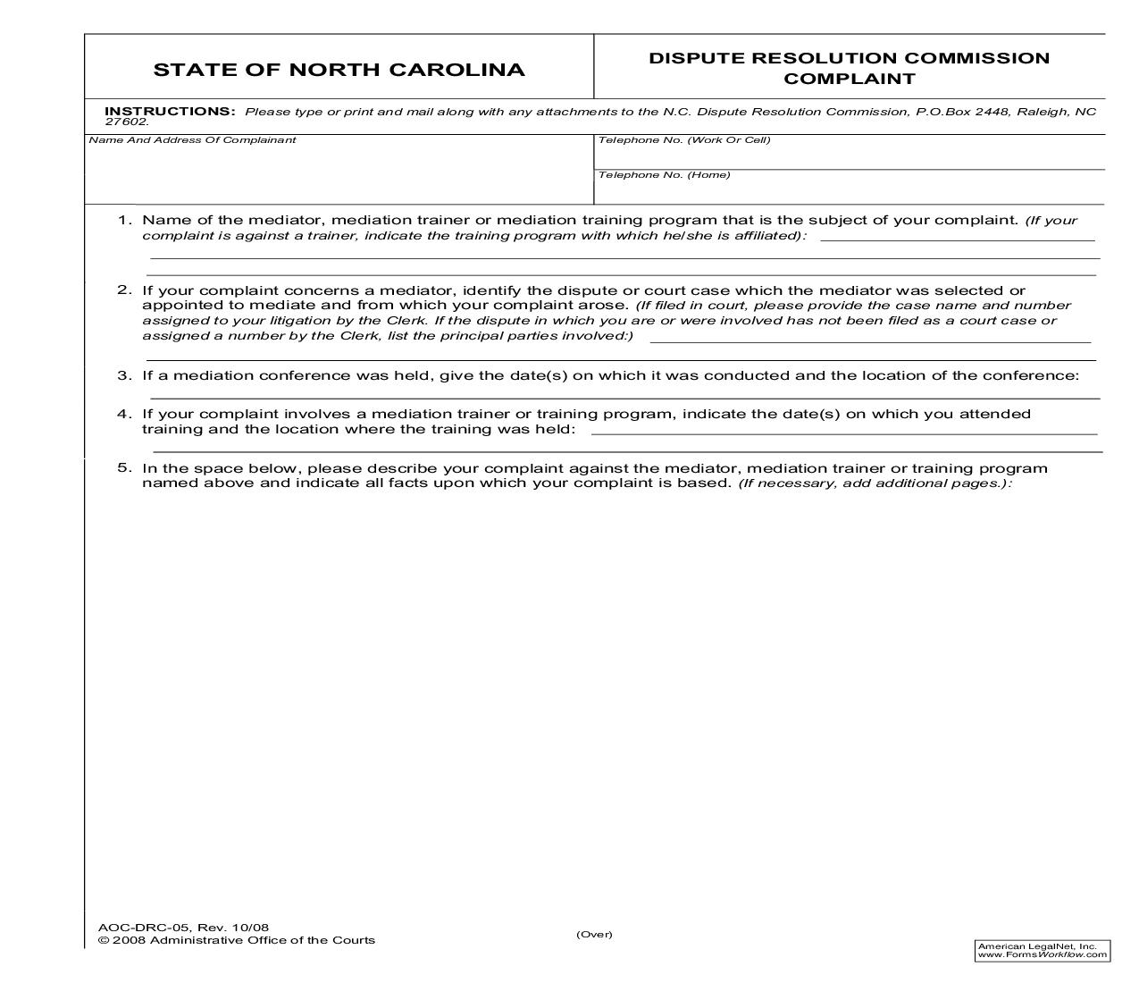 Dispute Resolution Commission Complaint {DRC-5} | Pdf Fpdf Doc Docx | North Carolina