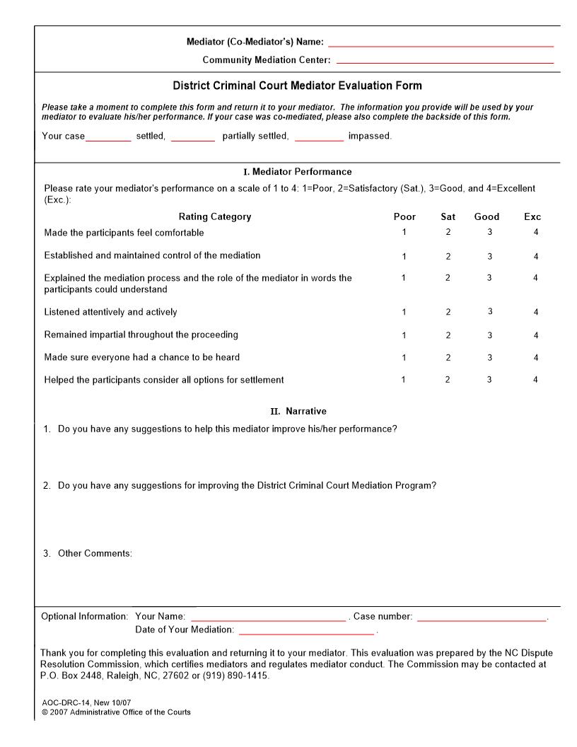 District Criminal Court Mediator Evaluation Form {DRC-14} | Pdf Fpdf Docx | North Carolina