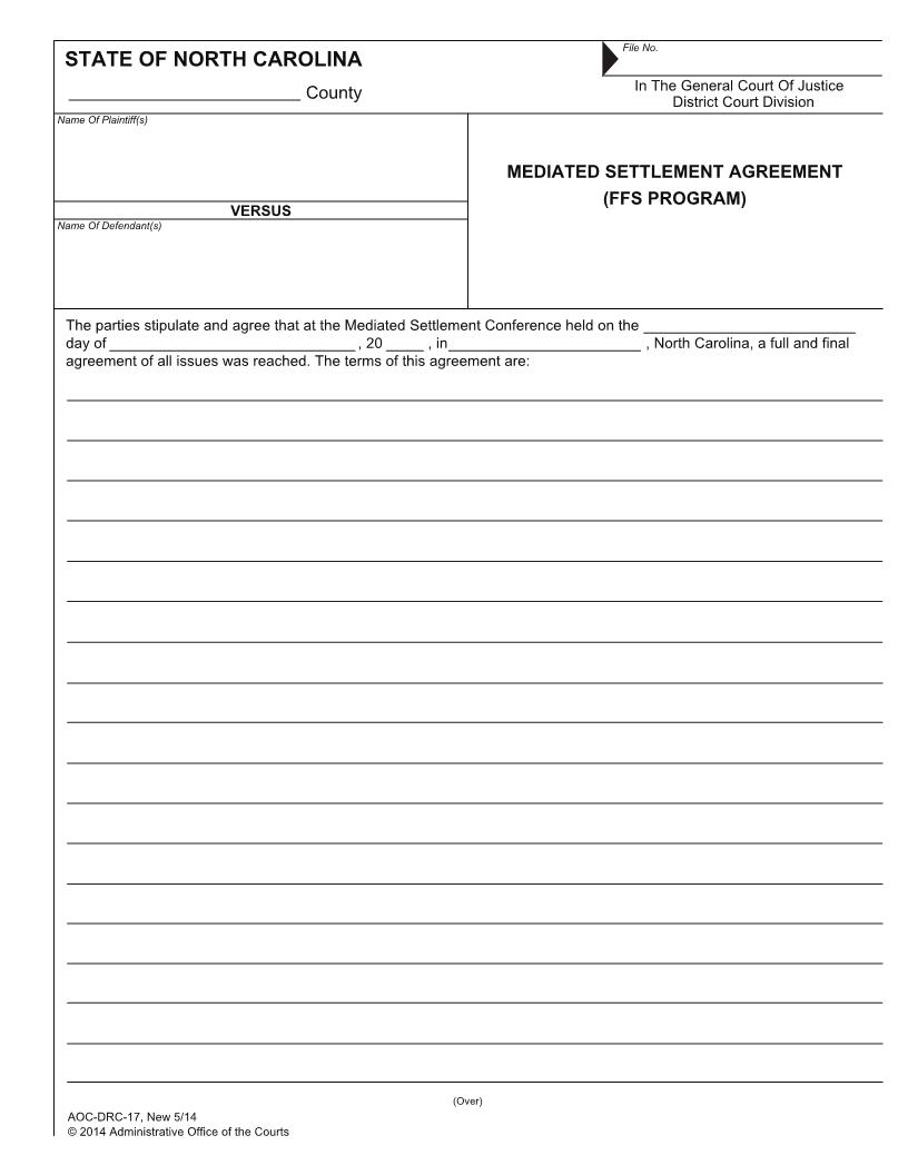 Mediated Settlement Agreement (FFS Program) {DRC-17} | Pdf Fpdf Docx | North Carolina