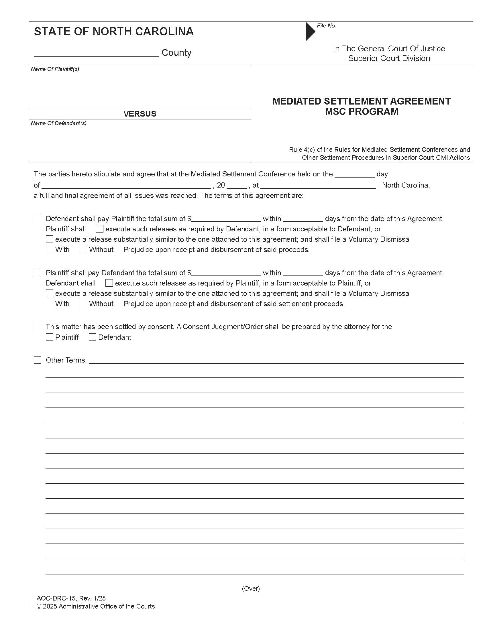 Mediated Settlement Agreement MSC Program {DRC-15} | Pdf Fpdf Docx | North Carolina