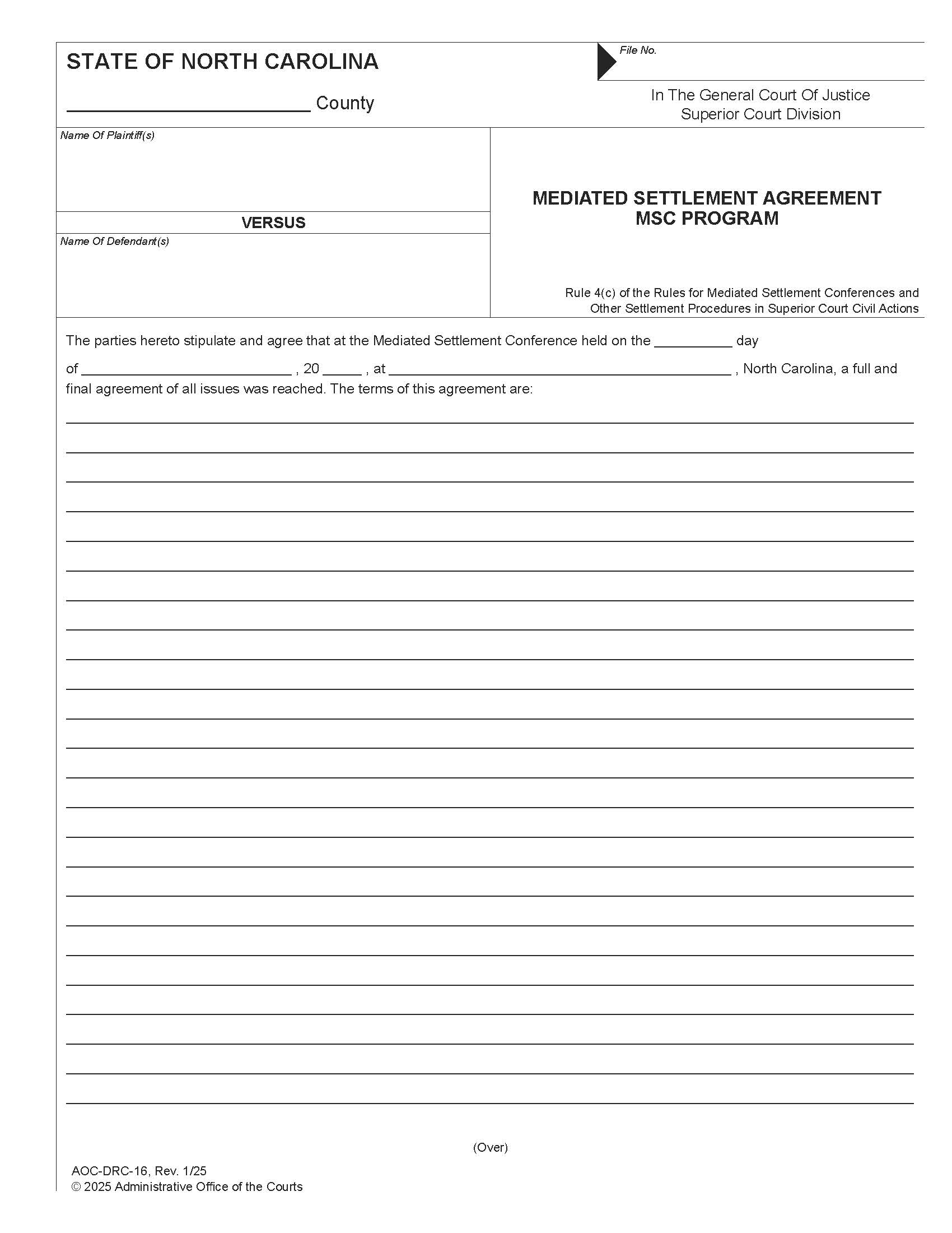 Mediated Settlement Agreement MSC Program {DRC-16} | Pdf Fpdf Docx | North Carolina