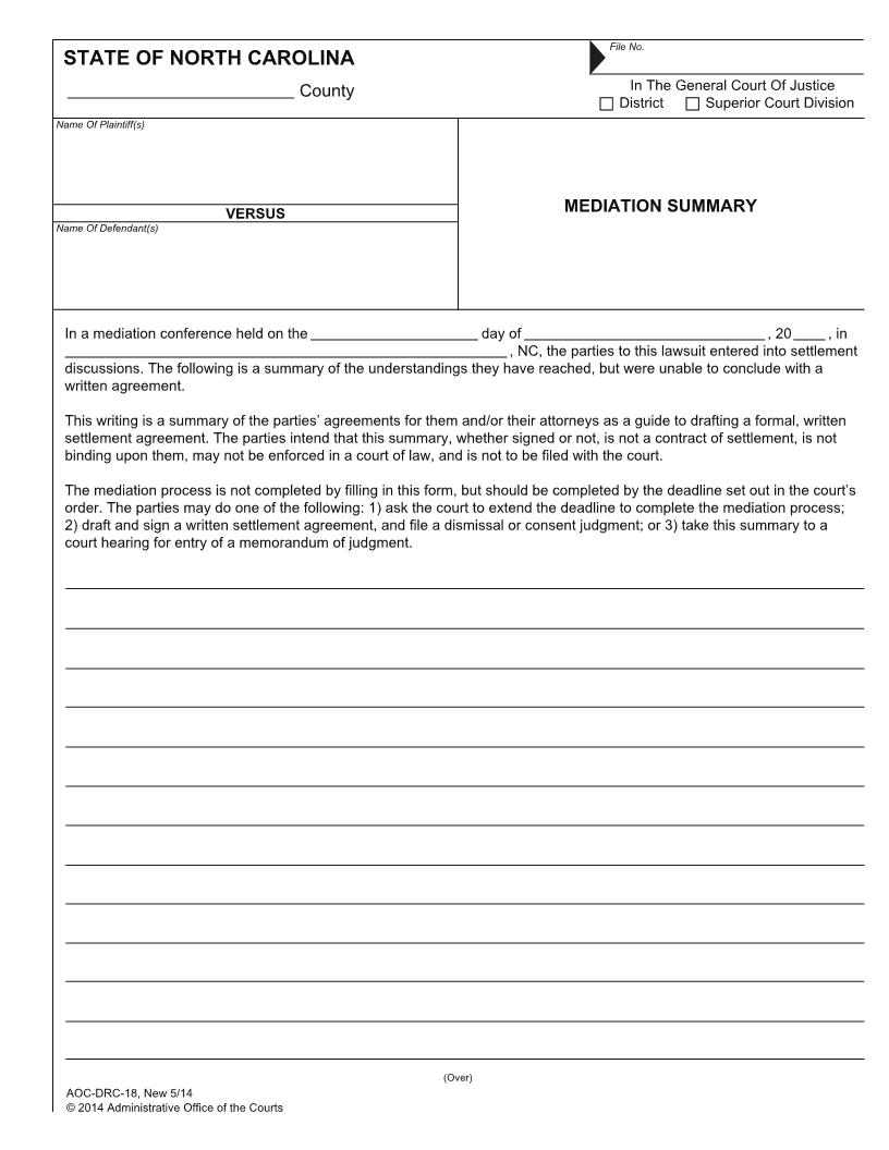 Mediation Summary {DRC-18} | Pdf Fpdf Docx | North Carolina