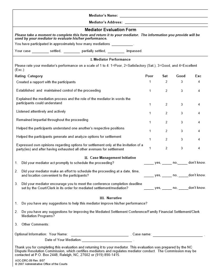 Mediator Evaluation Form {DRC-9} | Pdf Fpdf Docx | North Carolina