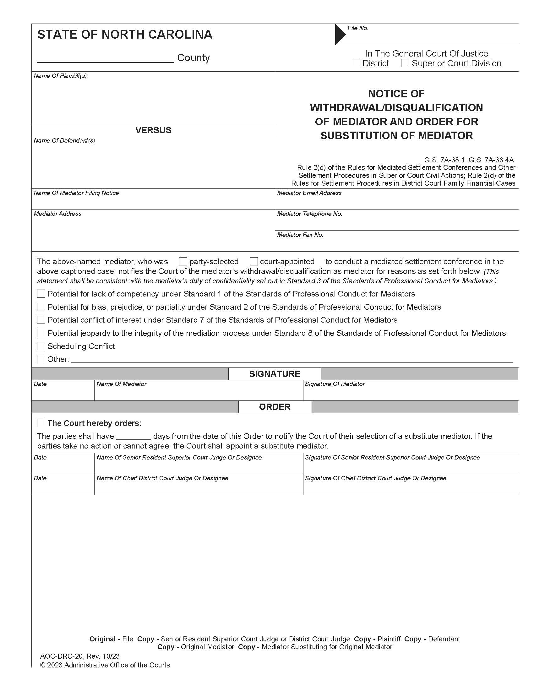 Notice Of Withdrawal Disqualification And Or Substitution Of Mediator {DRC-20} | Pdf Fpdf Docx | North Carolina
