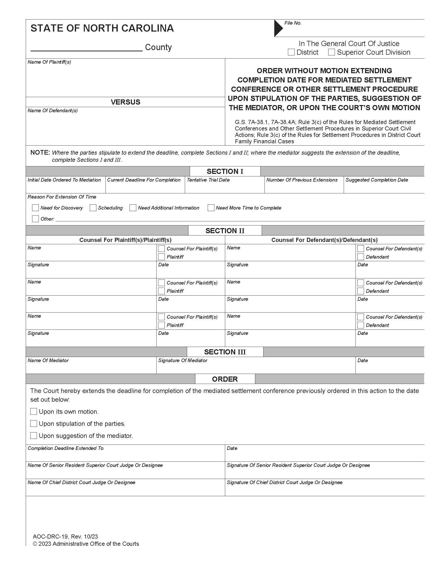 Order Without Motion Extending Mediated Settlement Conference {DRC-19} | Pdf Fpdf Docx | North Carolina