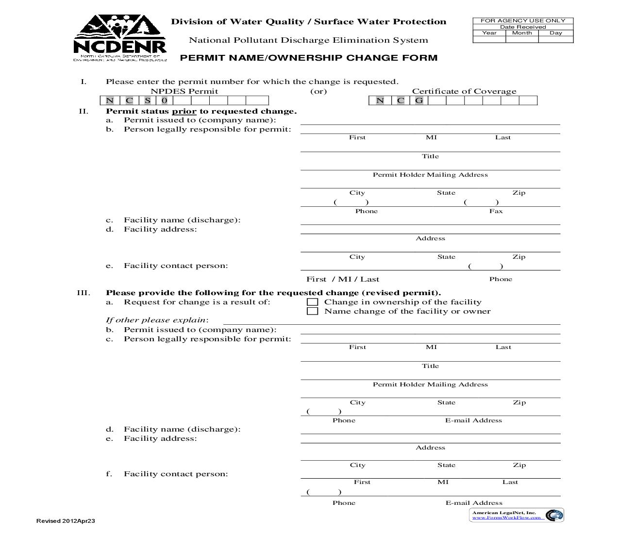 Permit Name Ownership Change Form |  | North Carolina