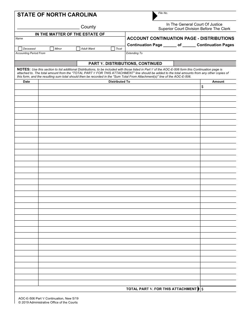 Account Continuance Page Distributions {E-506 Part V} | Pdf Fpdf Docx | North Carolina